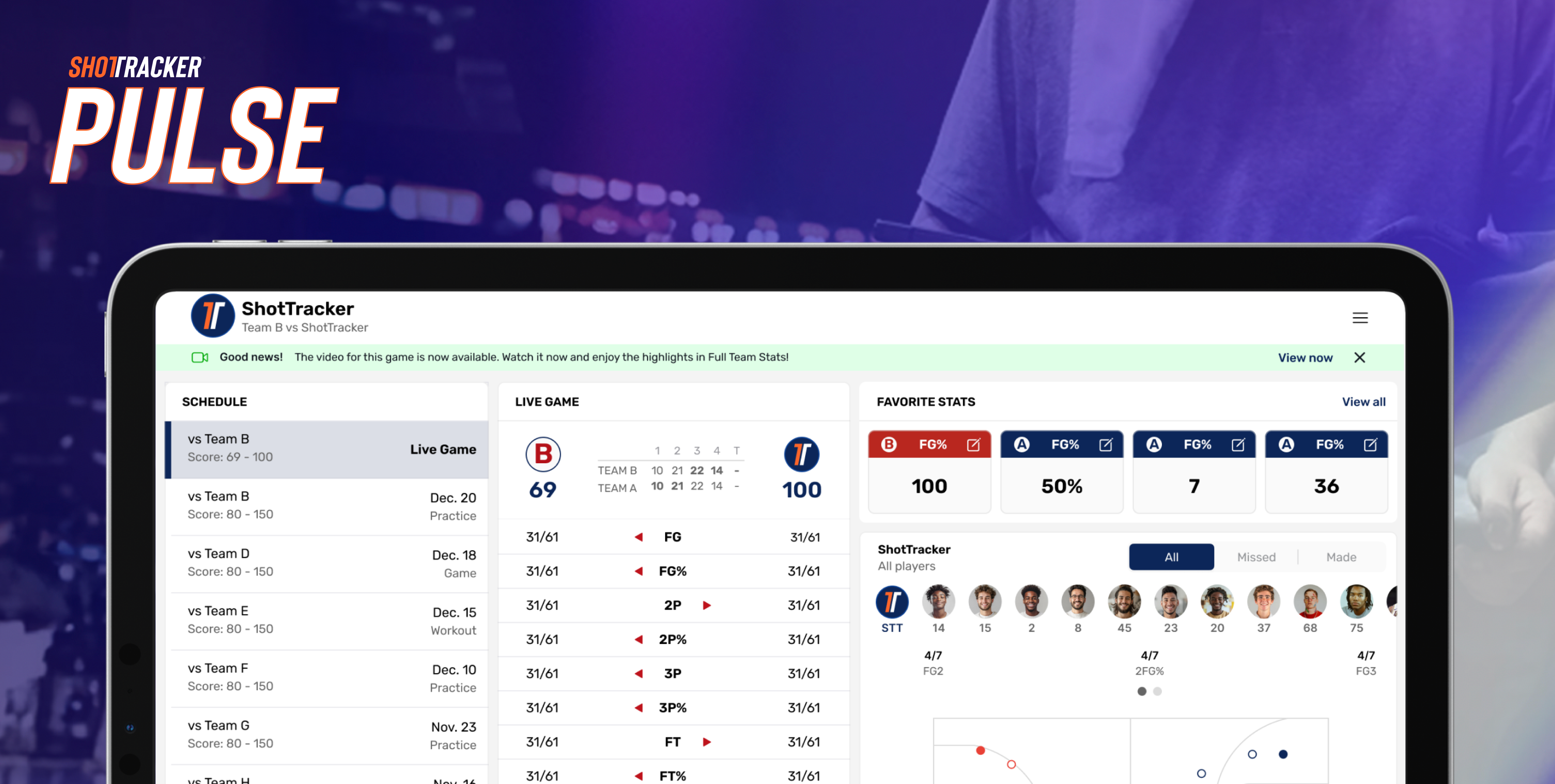 ShotTracker Pulse dashboard on tablet
