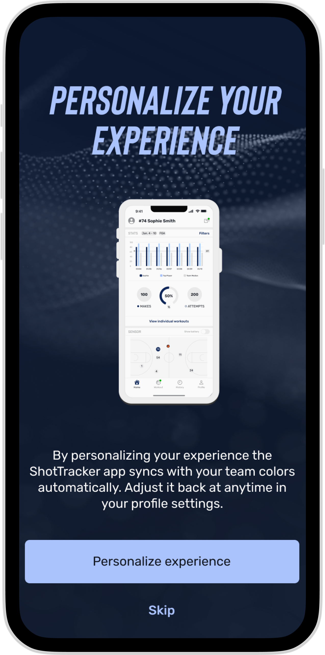 ShotTracker team personalization onboarding screen