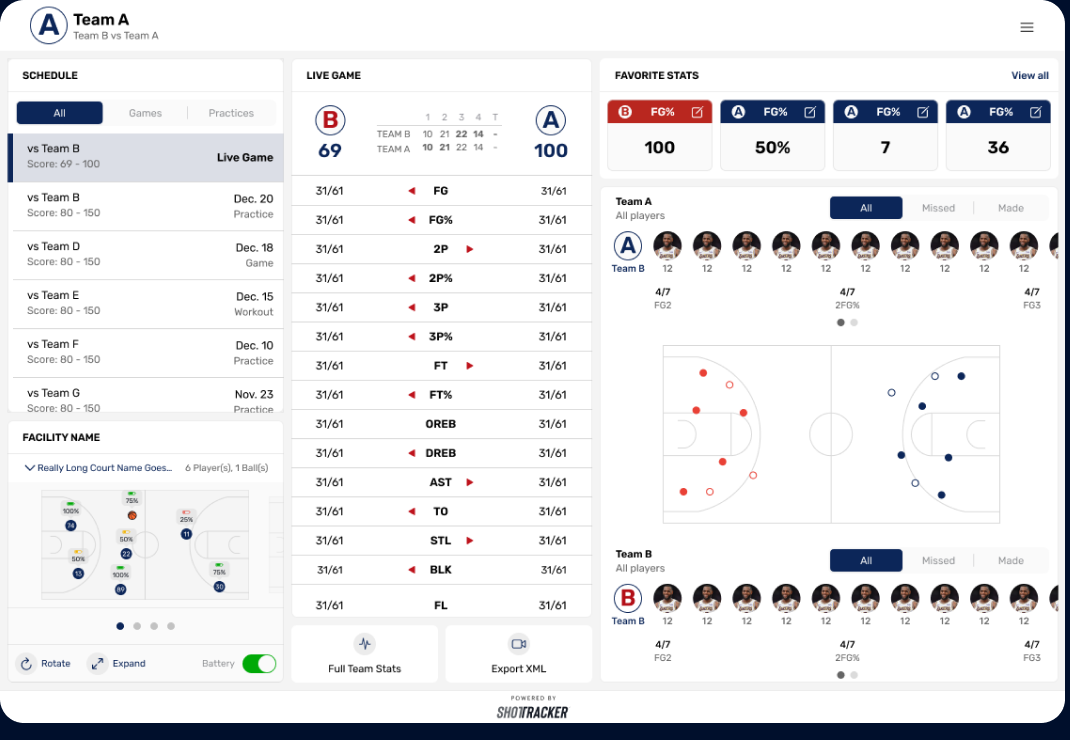 Helix proposed: schedule navigation with games and practices filters plus an expandable court view