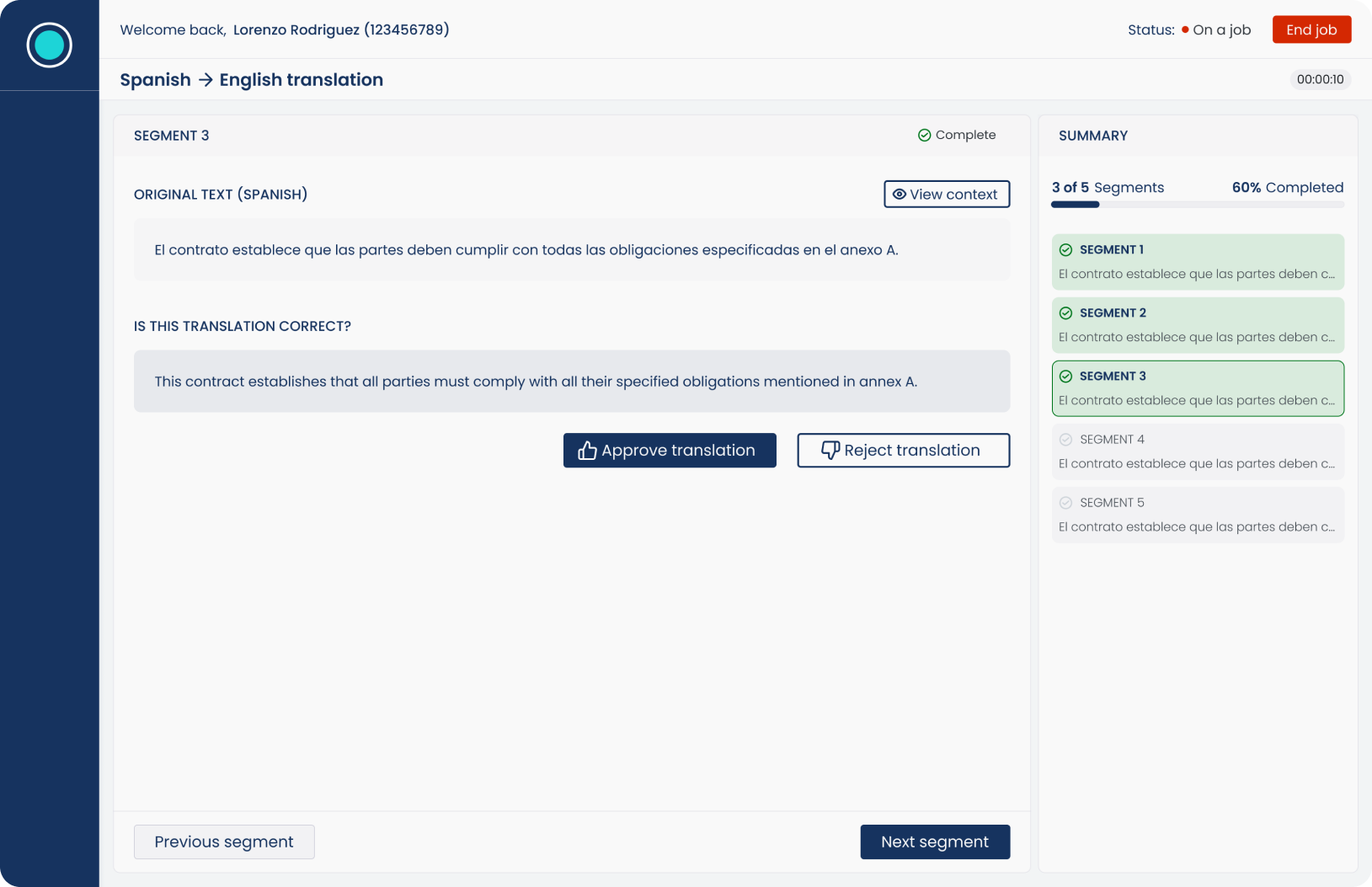 Test B translation review interface showing one recommended translation with approve and reject actions