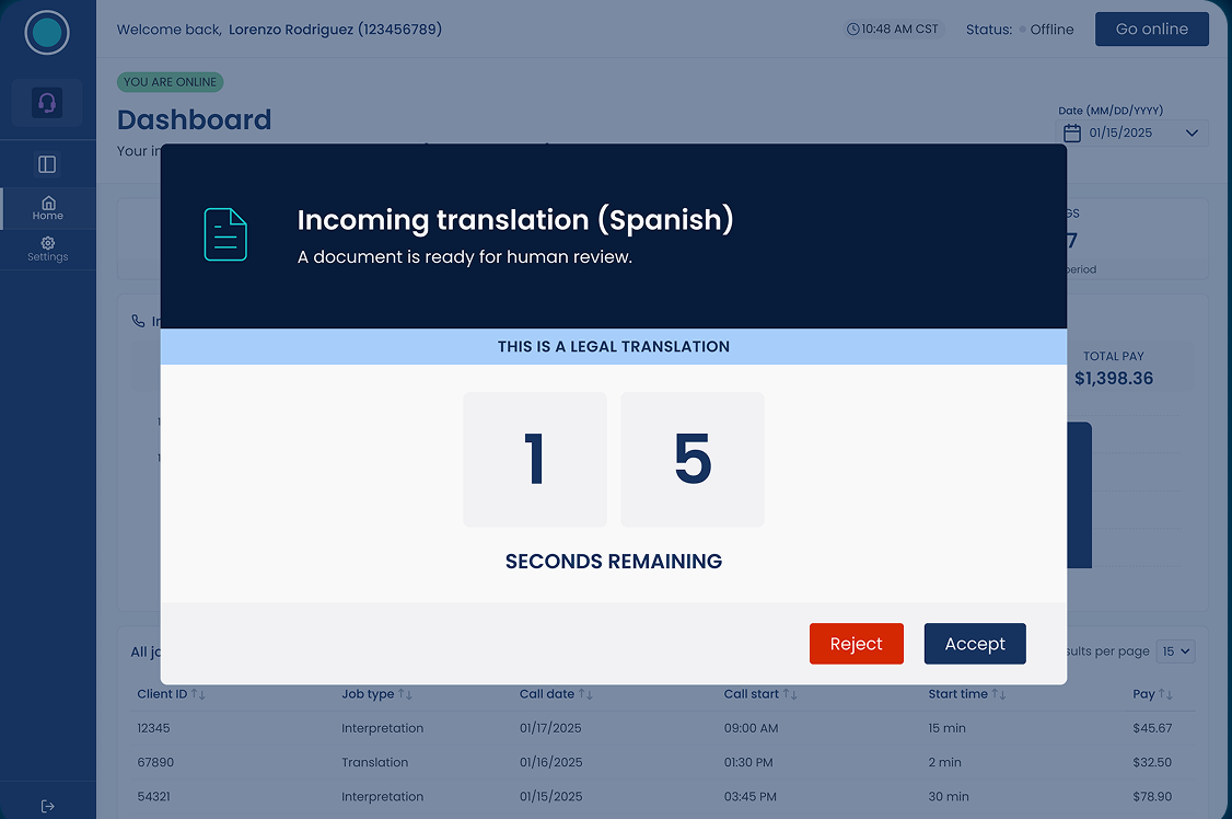 Interpreter Portal incoming translation modal for a legal translation review job