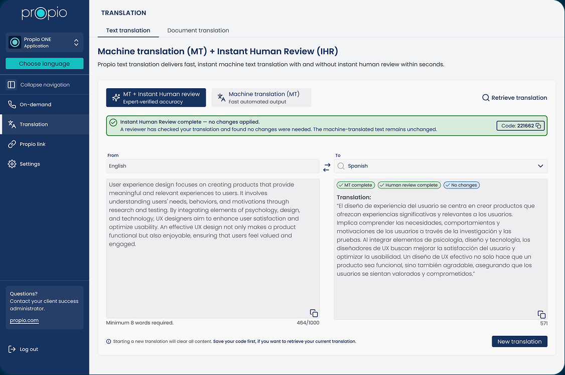 Propio ONE translation interface showing machine translation with Instant Human Review completed