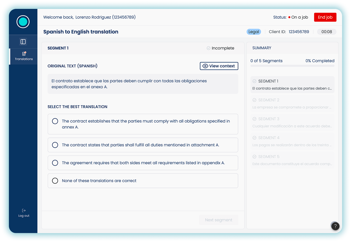 Test A translation review interface showing multiple translation choices for interpreter selection