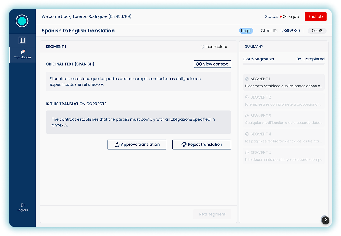 Test B translation review interface showing one recommended translation with approve and reject actions