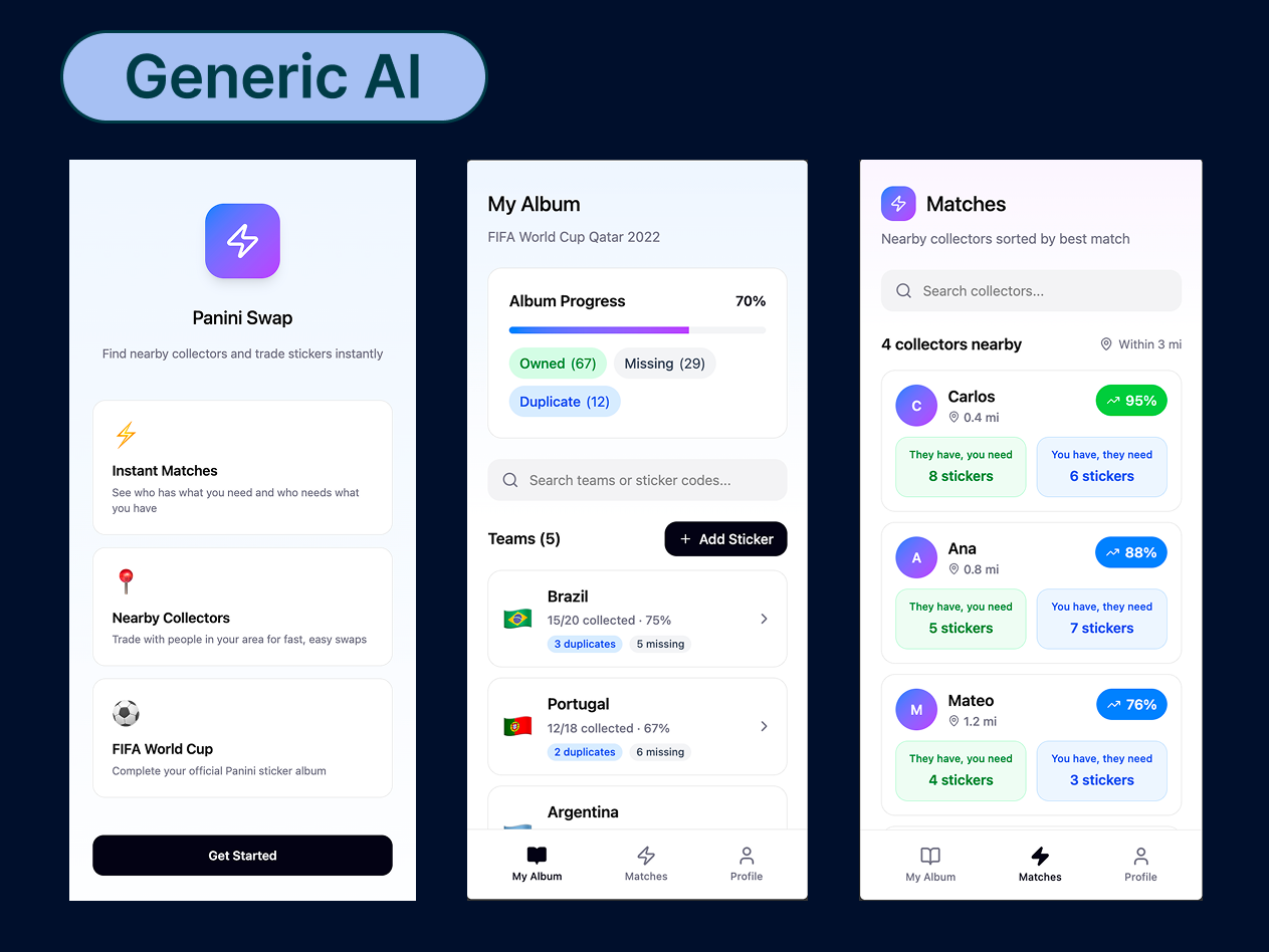 Early generic AI-generated StickerSwap screens before manual redesign