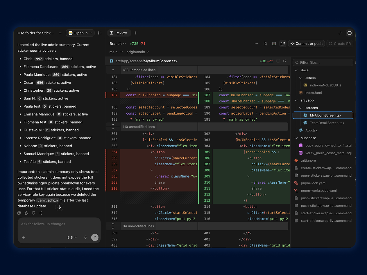 Codex workspace and live data review used during the AI-assisted StickerSwap build