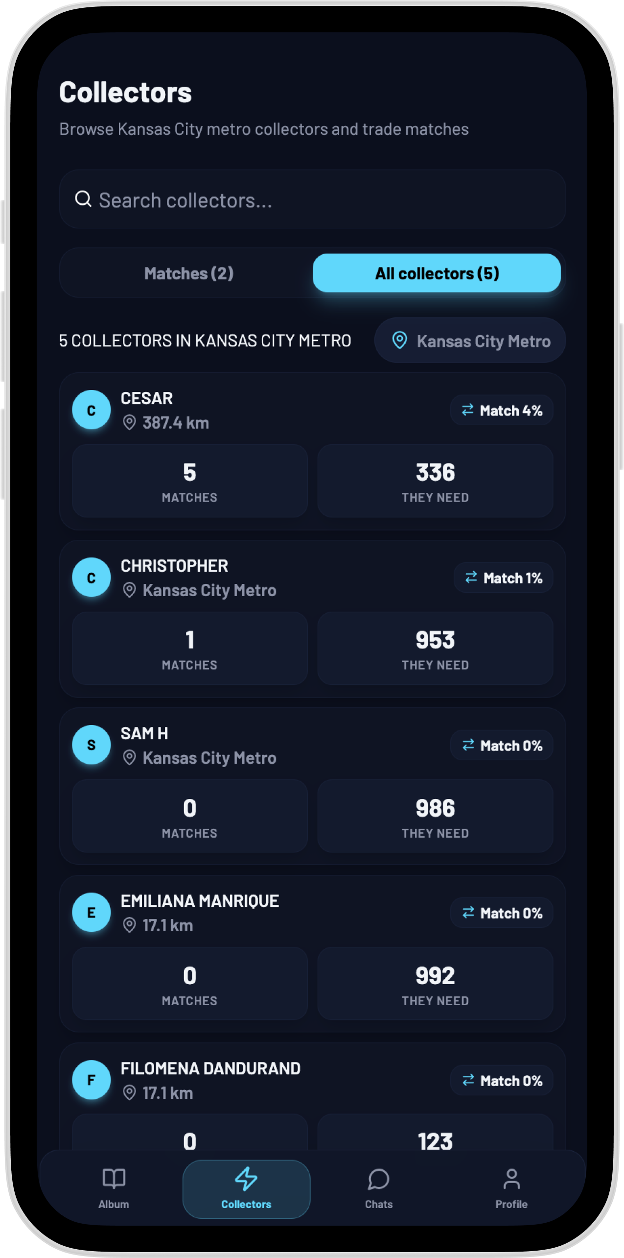 StickerSwap collector matching screen with match counts and nearby collectors