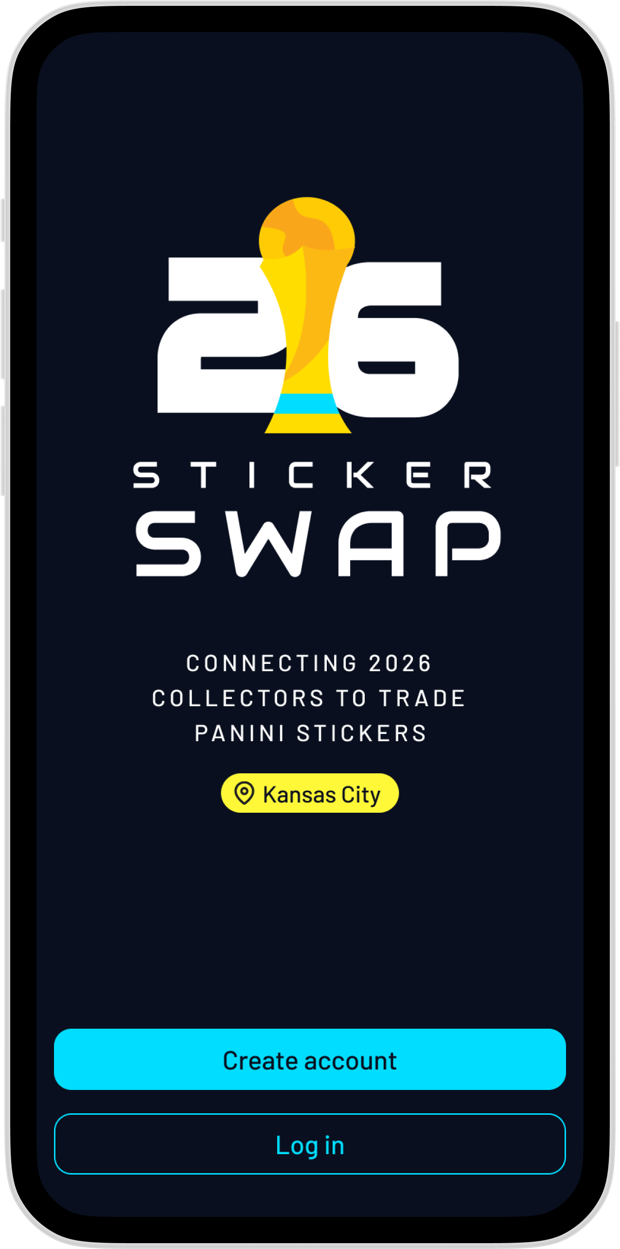 StickerSwap account entry screen for Kansas City collectors
