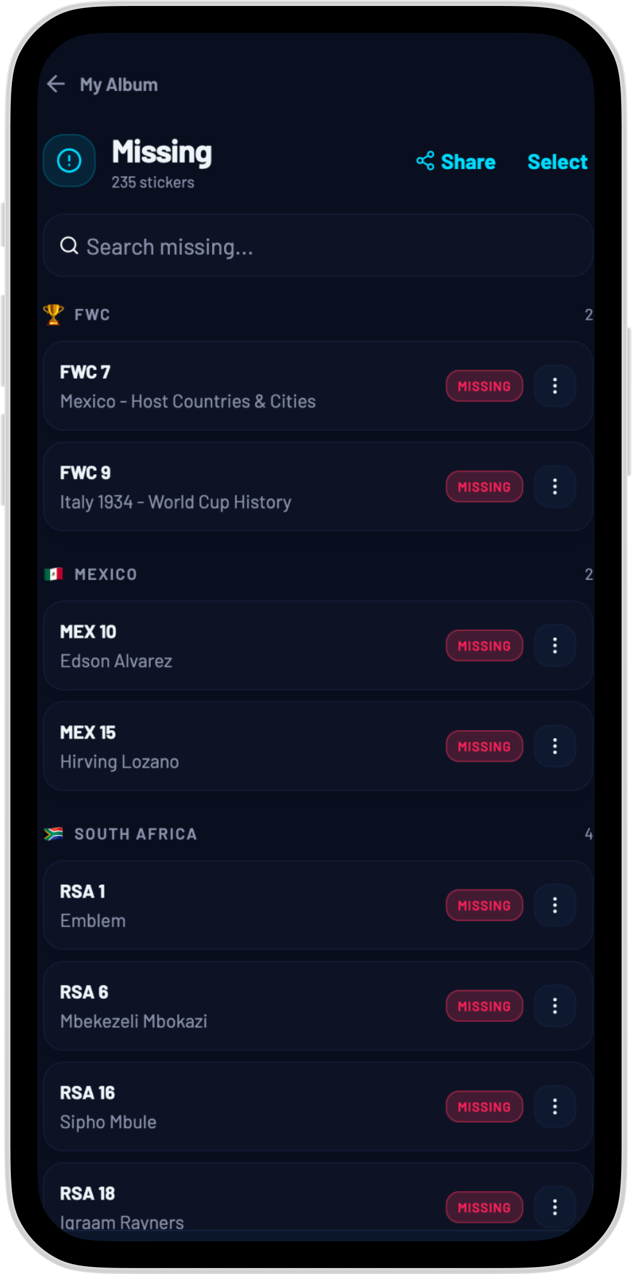 StickerSwap missing stickers list with search and share controls